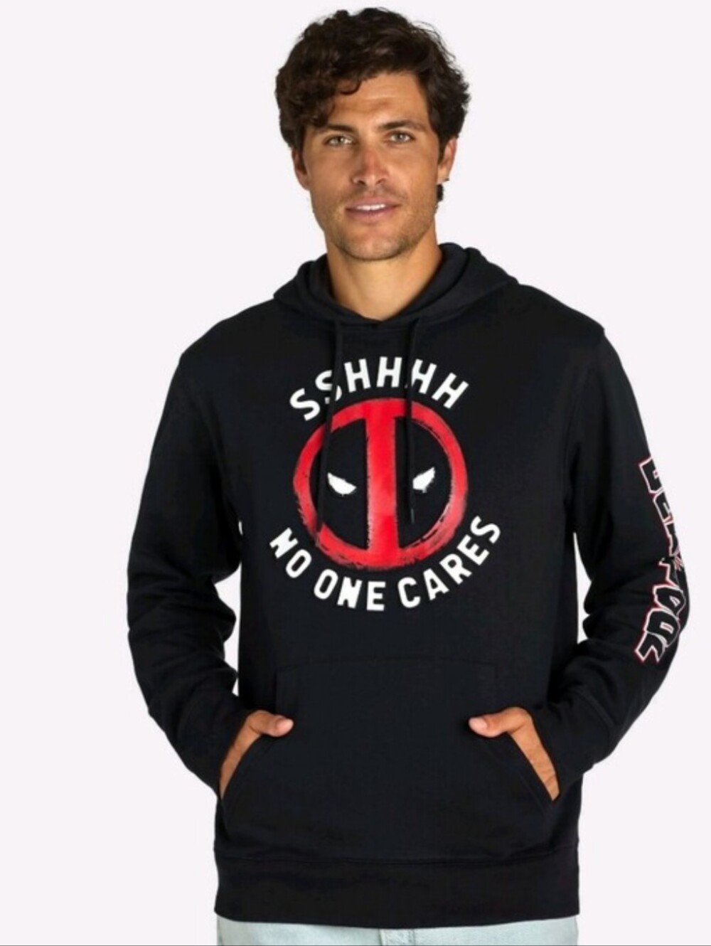 Marvel Black Hoodie with Red Deadpool Logo and 'Sshhhh No One Cares'